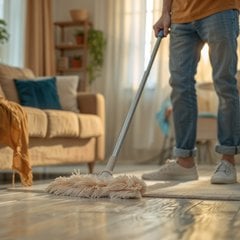 Vloer dweilen in een woonkamer