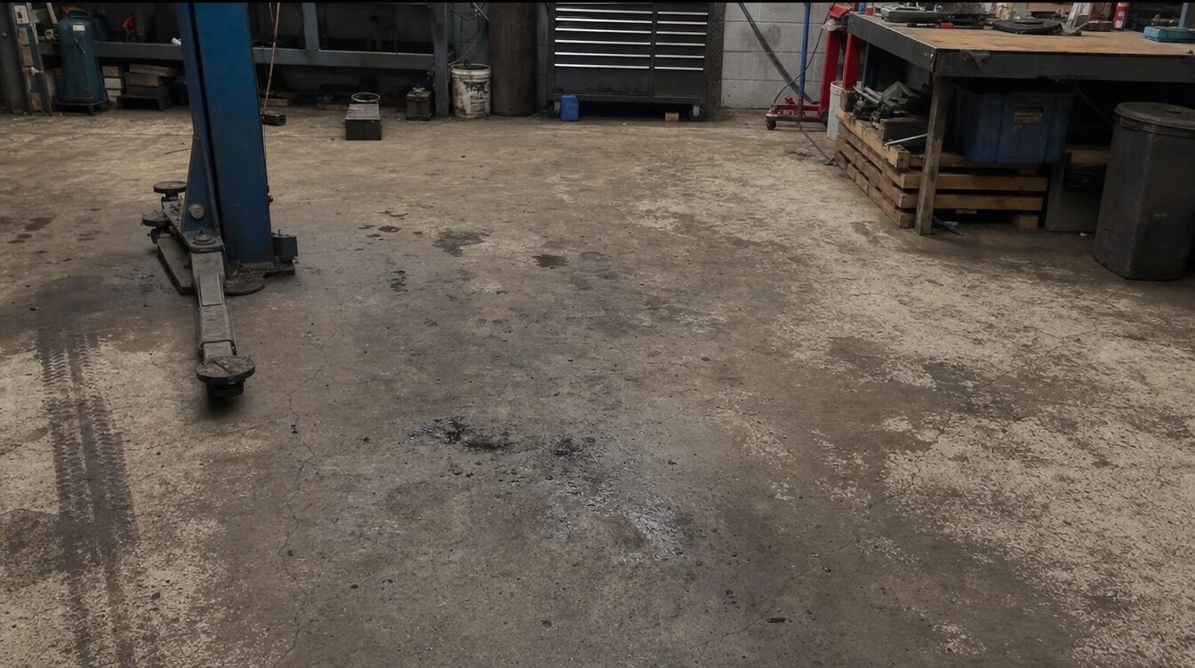 Werkplaatsvloer vóór reiniging met Cleanline